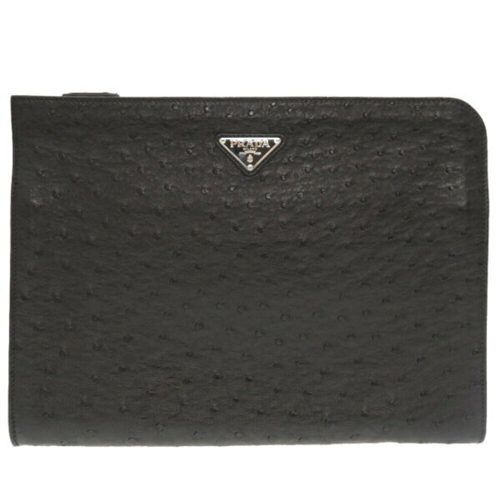 Prada Document Holder Ostrich Leather Black Clutch Bag